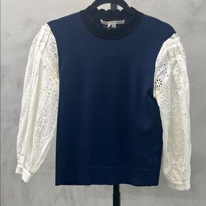 Veronica Beard Navy and White Eyelet Sleeve Blouse